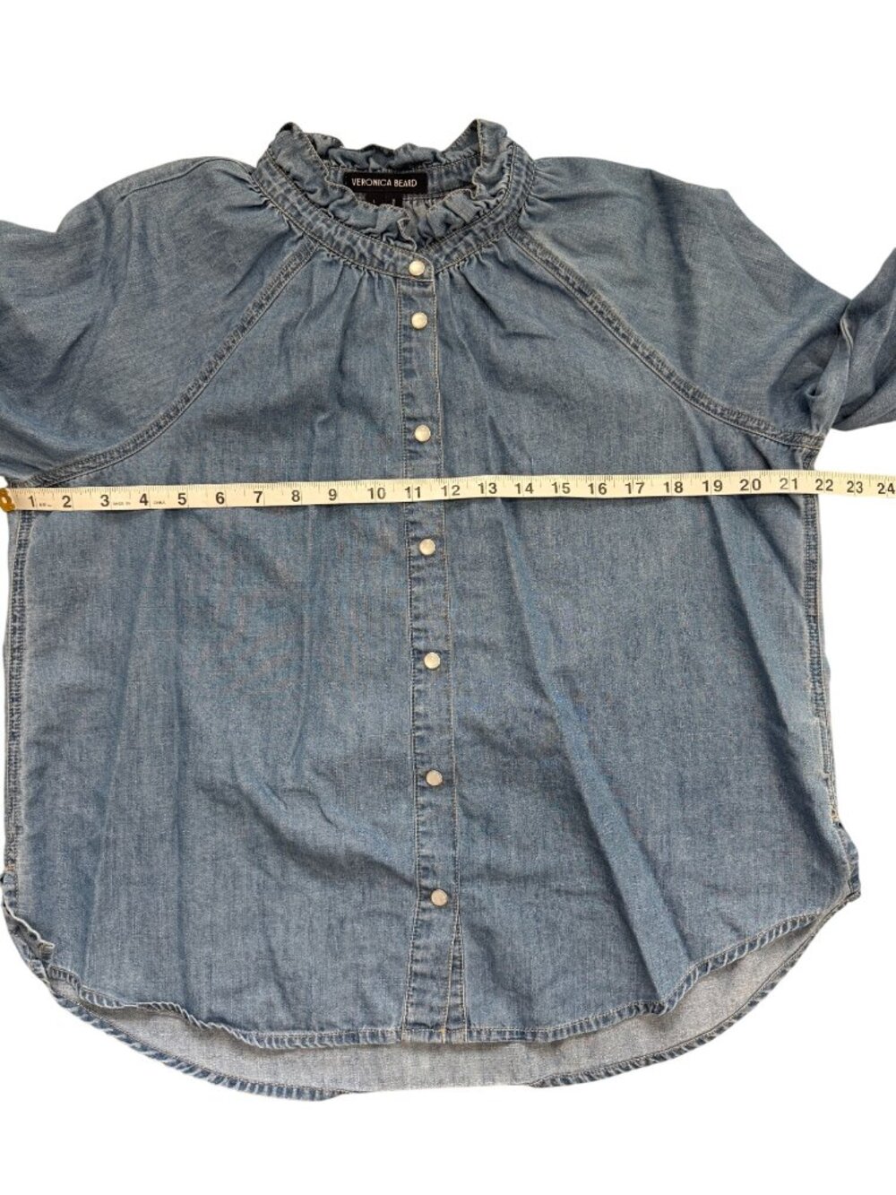 Veronica Beard Womens Size L Calisto Chambray Top Ruffle-Neck Button-Up Blue - Picture 6 of 9